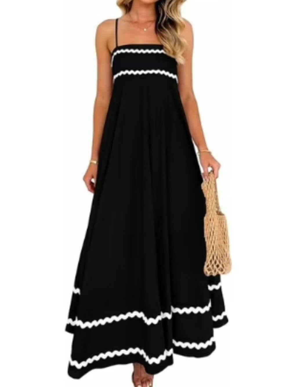 Womens Black Maxi Dress With White Trim Spaghetti Straps Elastic Shirred Back L